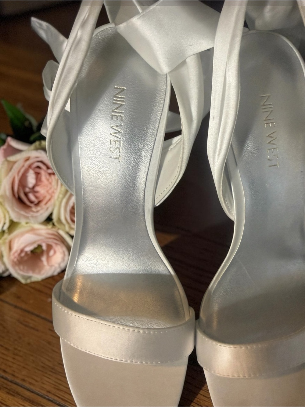 Nine West White Satin Open-Toe Ankle-Tie Heels